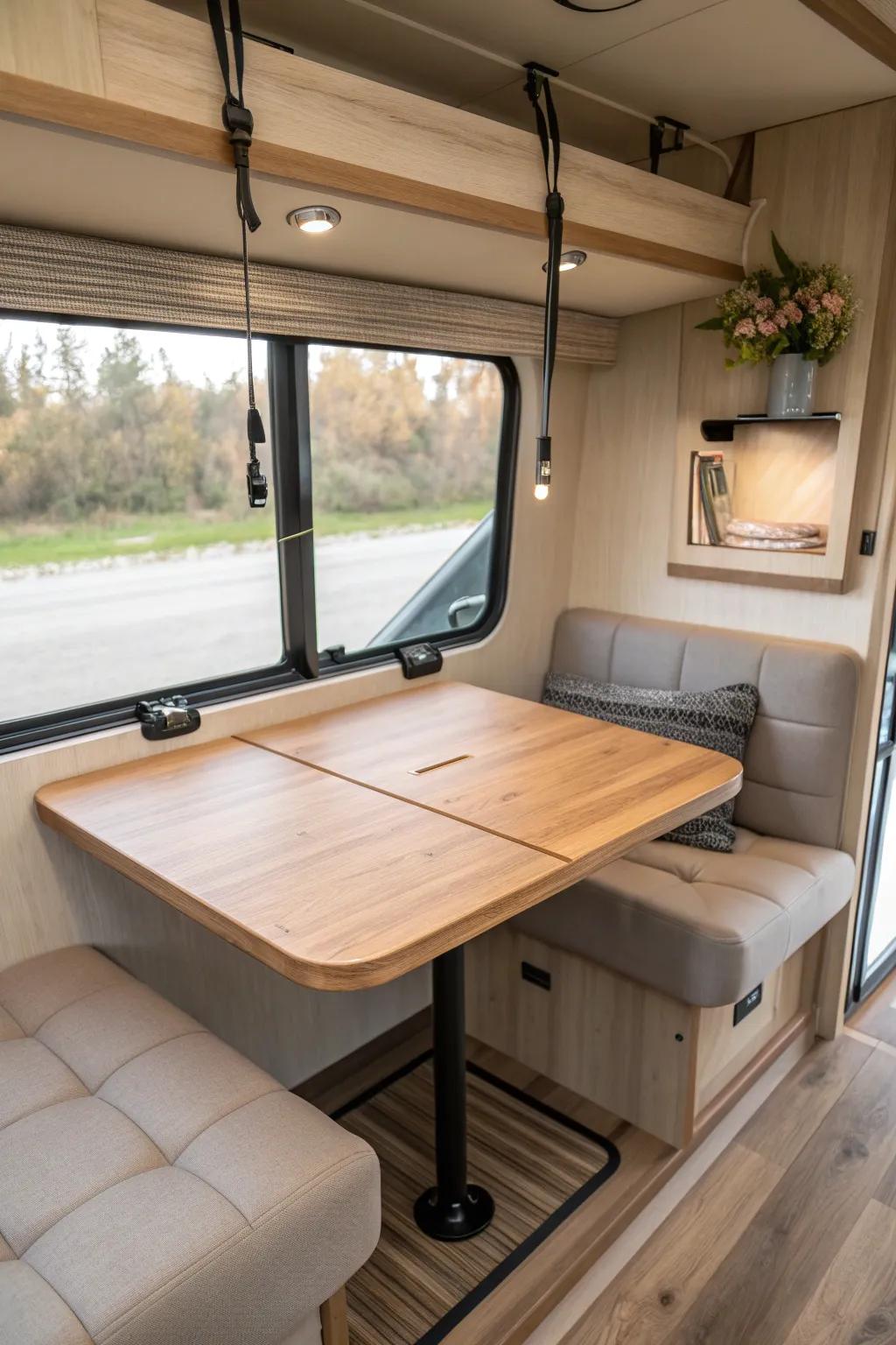 Ceiling-suspended fold-down table: a minimalist RV dining spot that vanishes between meals.