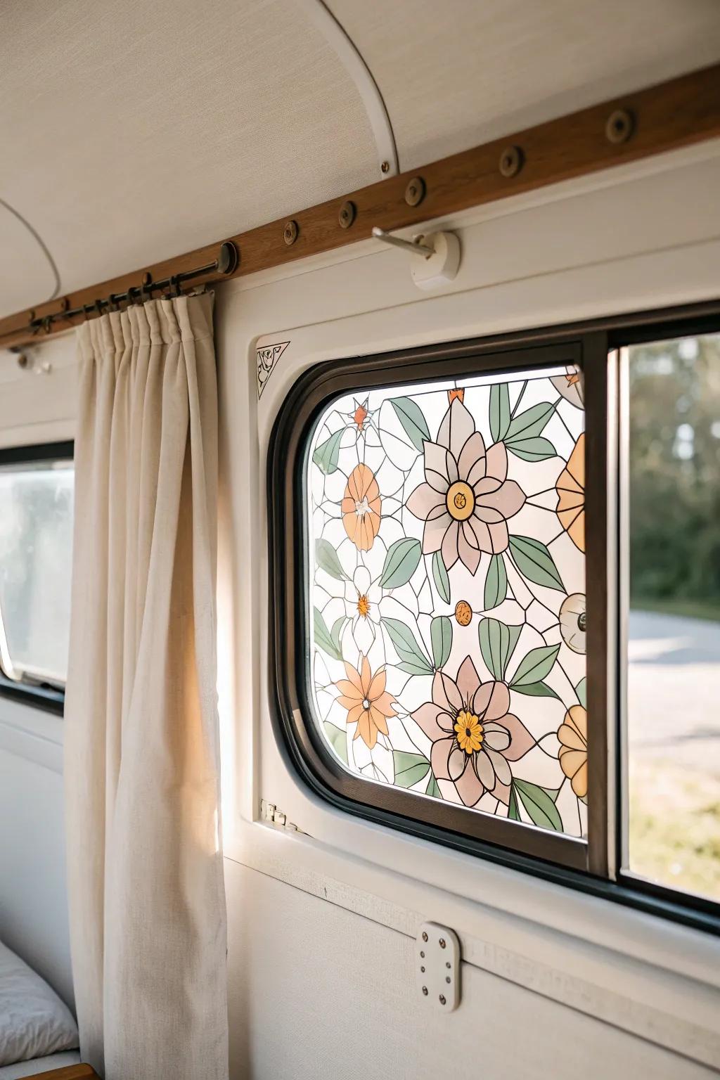 Instant RV charm: stained-glass clings soften sunlight and add artsy color—no tools needed.