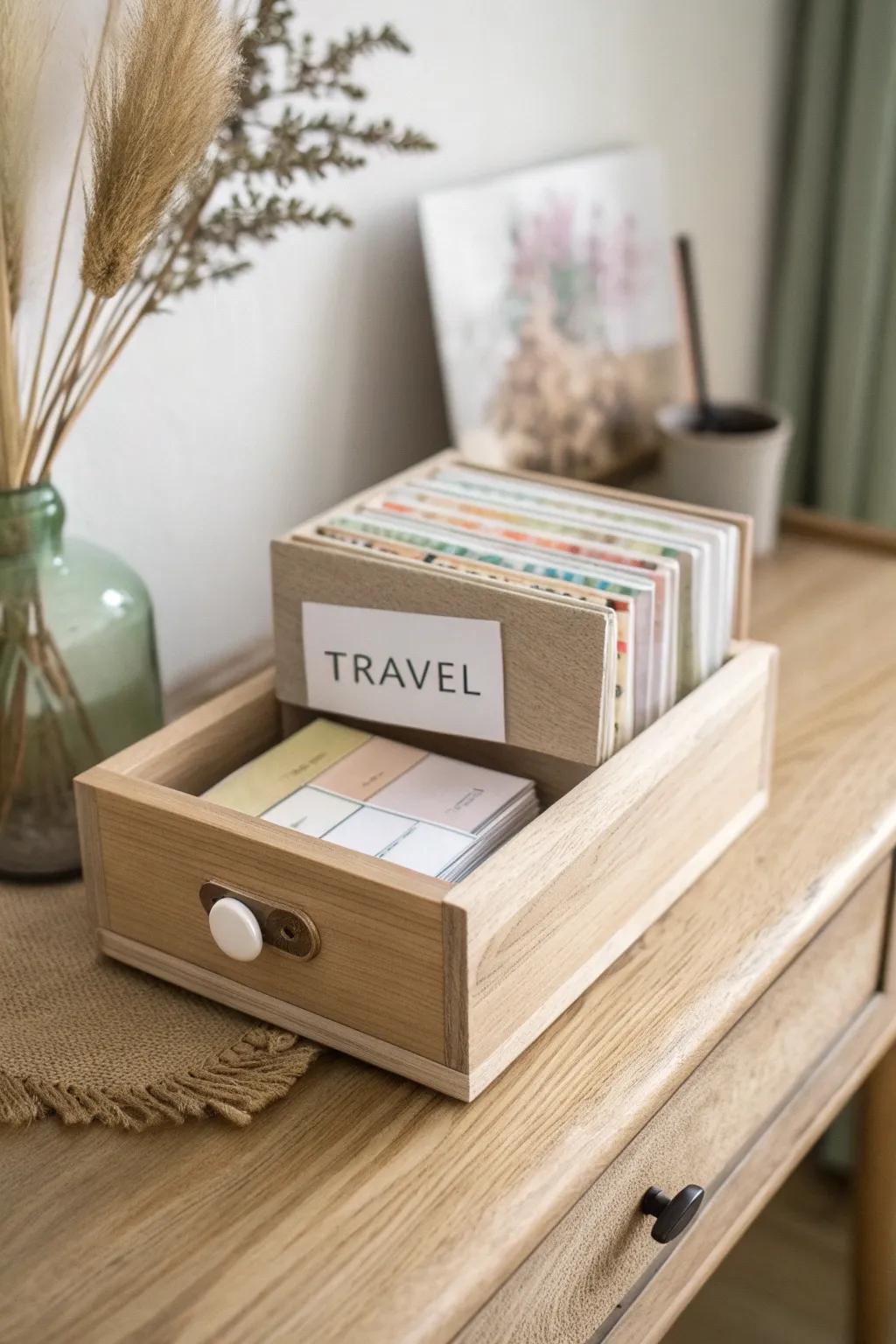 A tiny “theme library” pull box—one labeled drawer for every scrapbook story you want to tell.