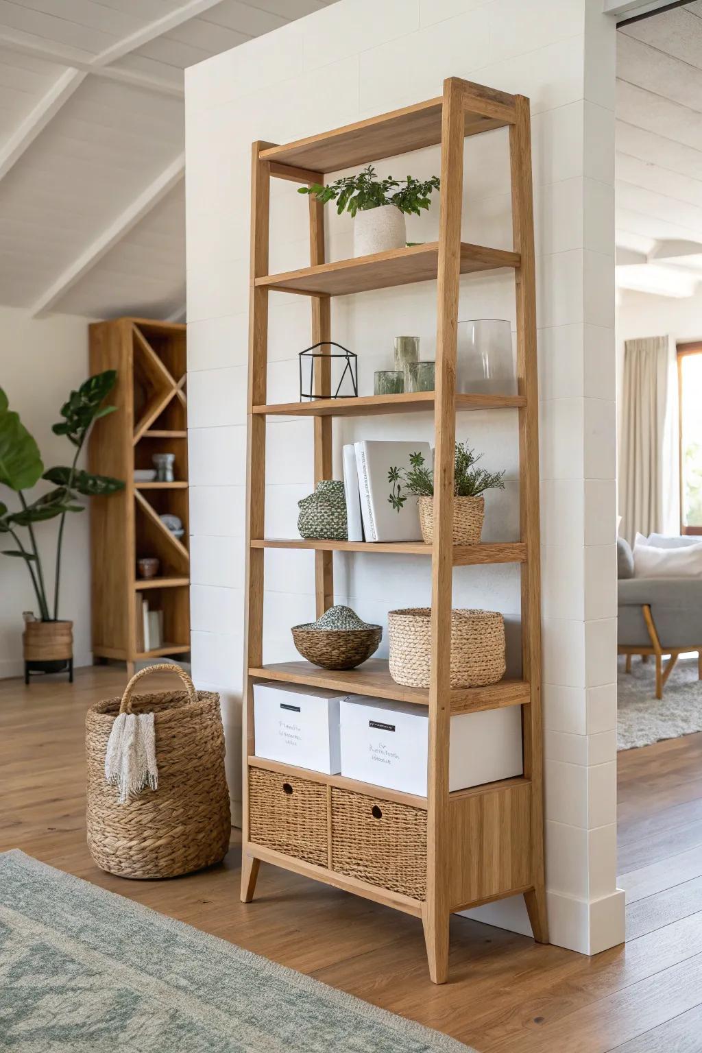 An open-back shelf divider that separates your living zone while keeping light and storage.