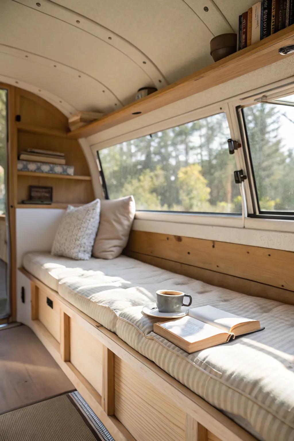 A secret roof-hatch reading nook: soft linen cushion, mini ledge, and warm light.