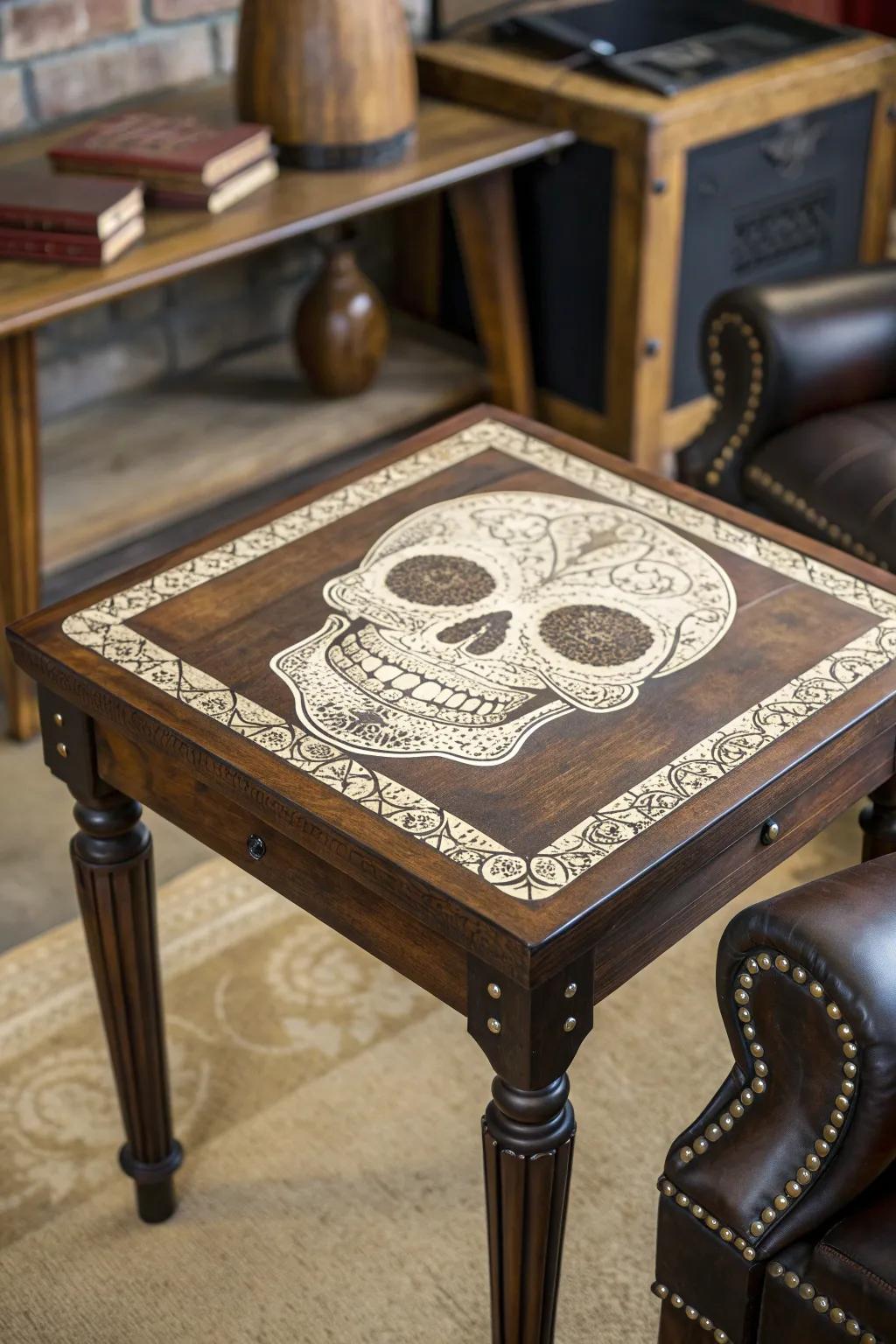 Elevate your decor with the bold artistry of skull decoupage furniture.