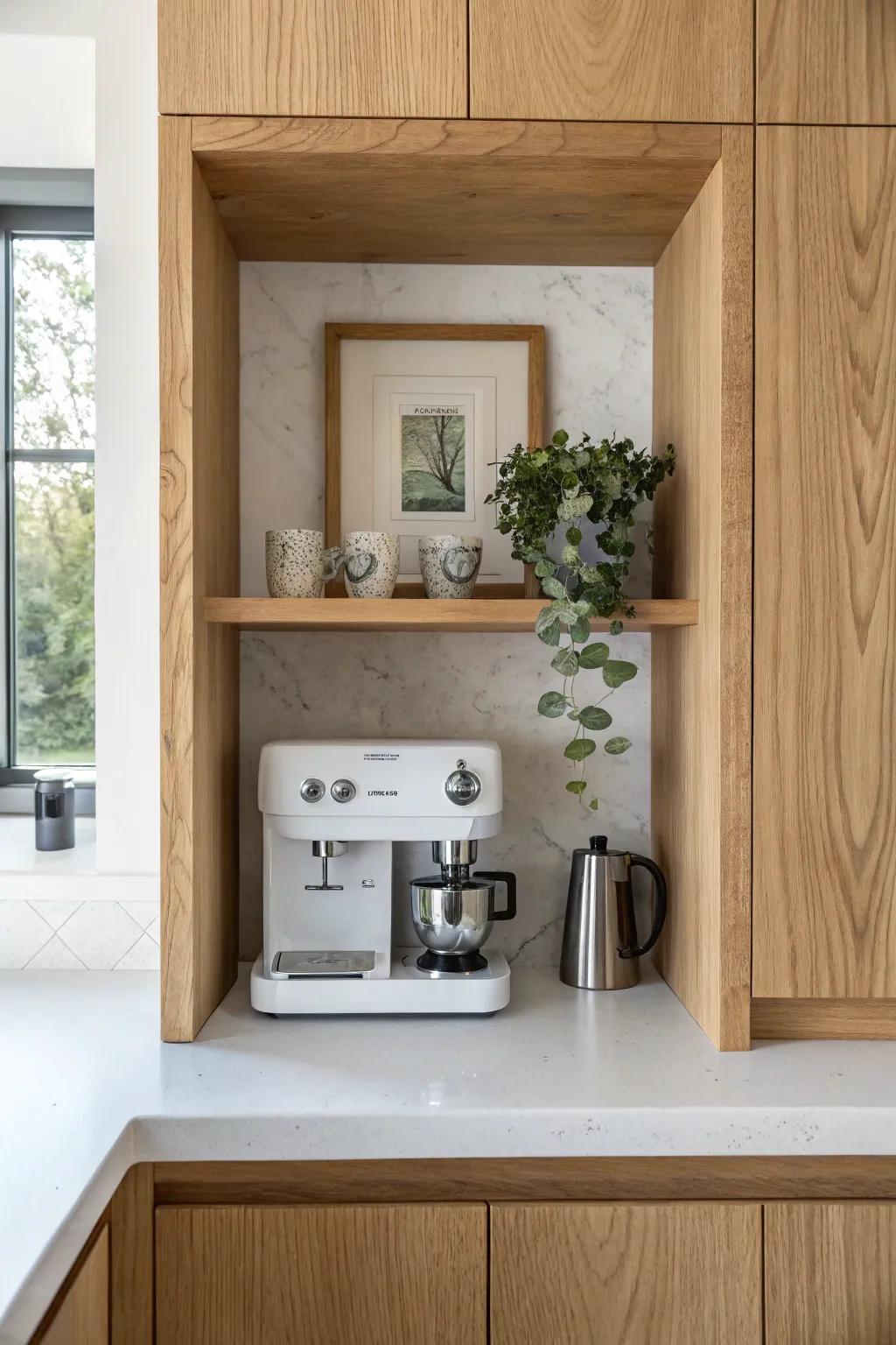 A sleek between-stud niche keeps your espresso machine flush—extra storage, zero clutter.