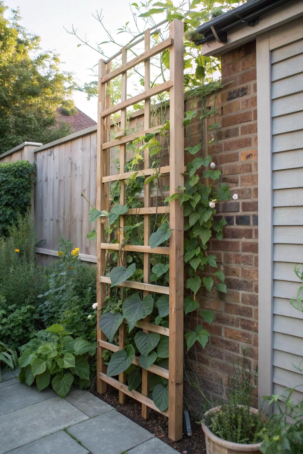 A tall trellis turns climbing beans and cucumbers into a lush edible privacy screen.
