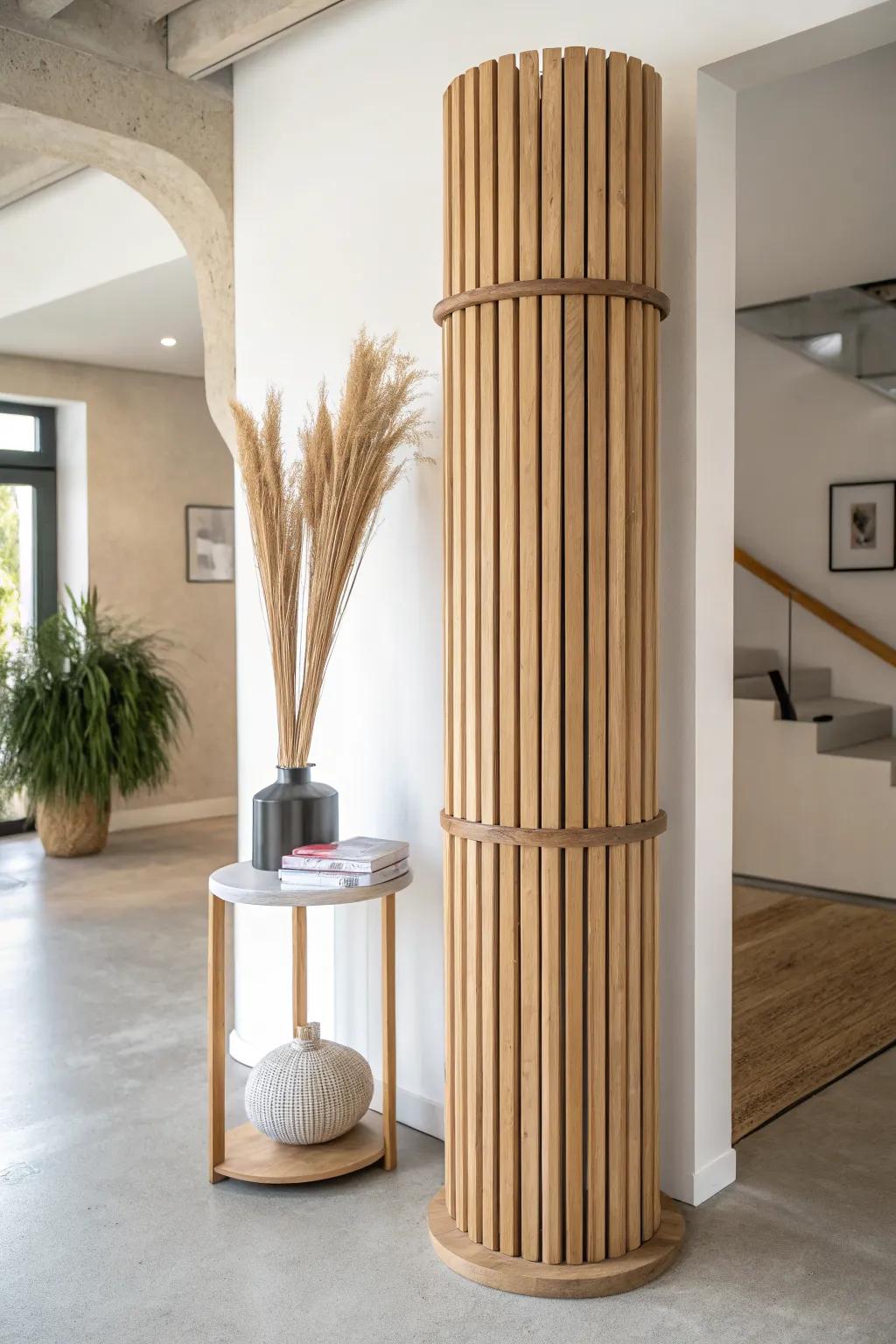Turn that basement column into a compliment-worthy feature with warm wood slats and a tiny shelf.