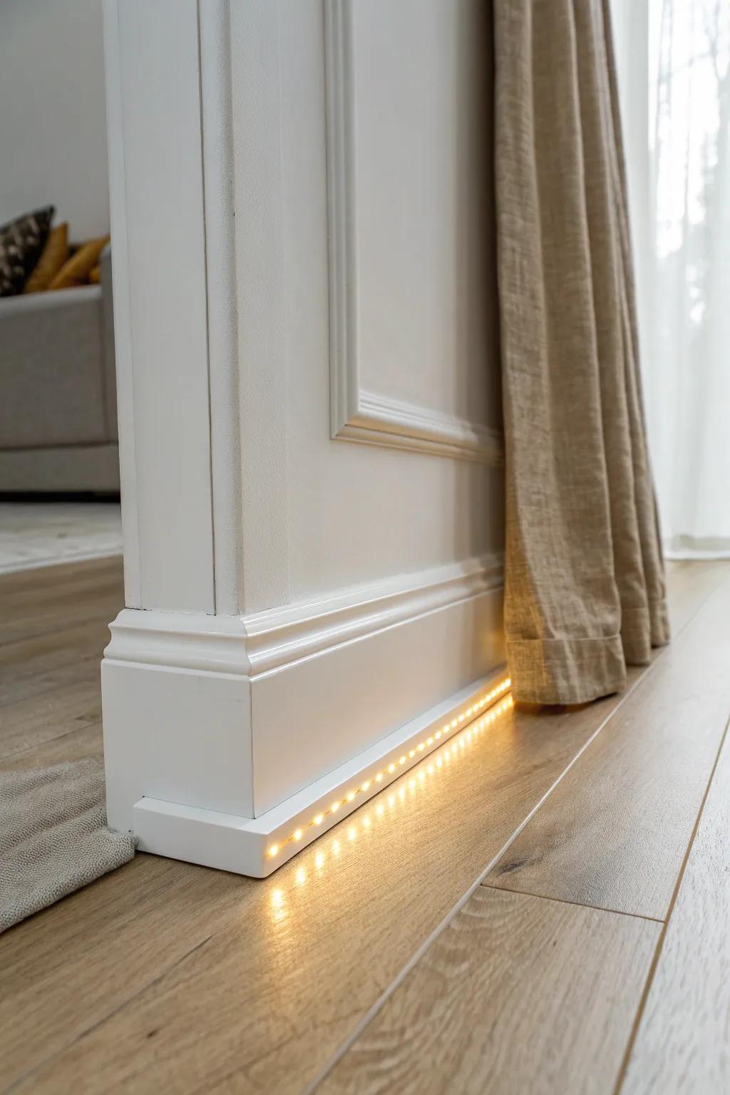 A warm baseboard light path adds a designer layered glow—and easy midnight navigation.