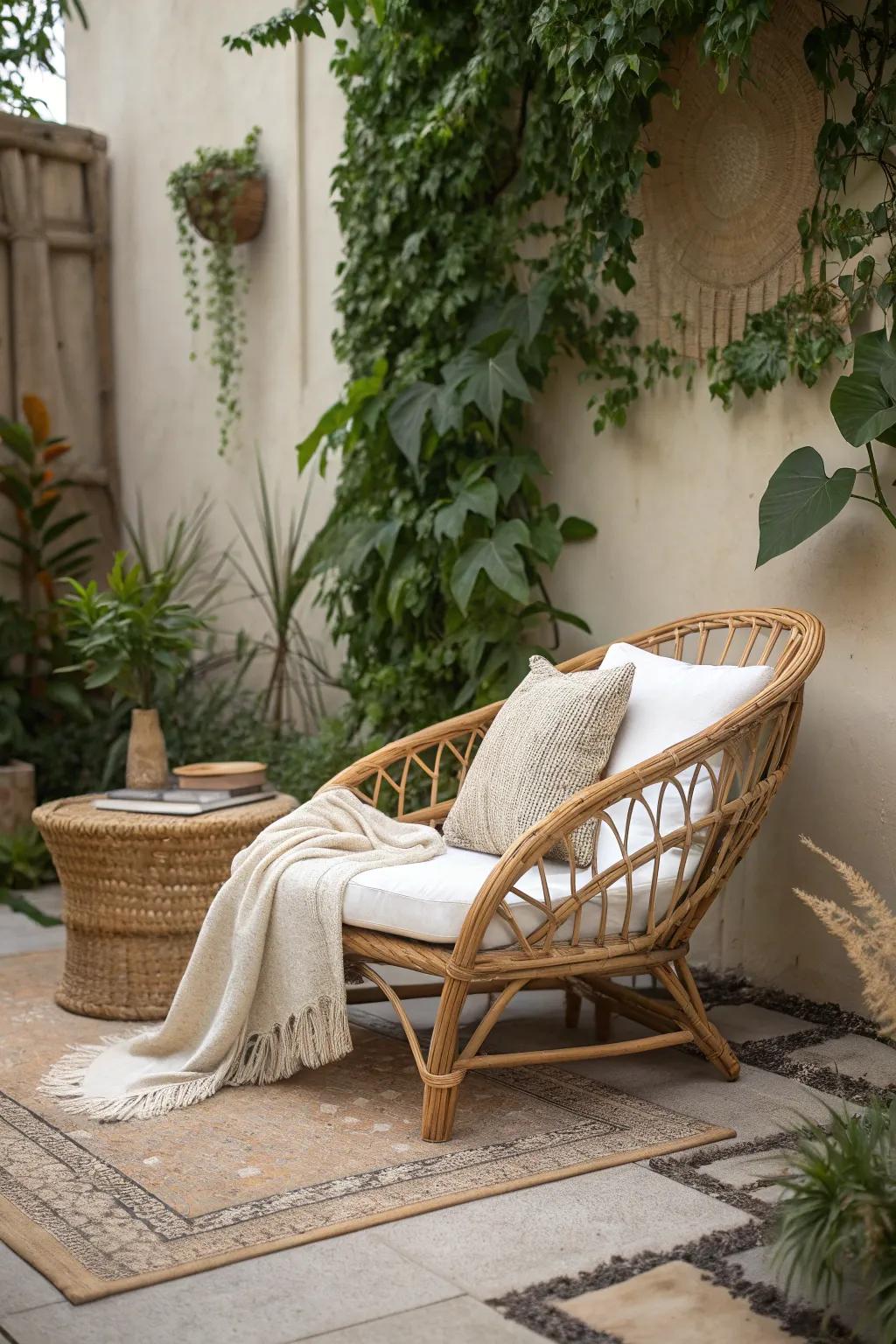A secret garden nook: low rattan chair, layered rugs, and lush greenery for privacy.