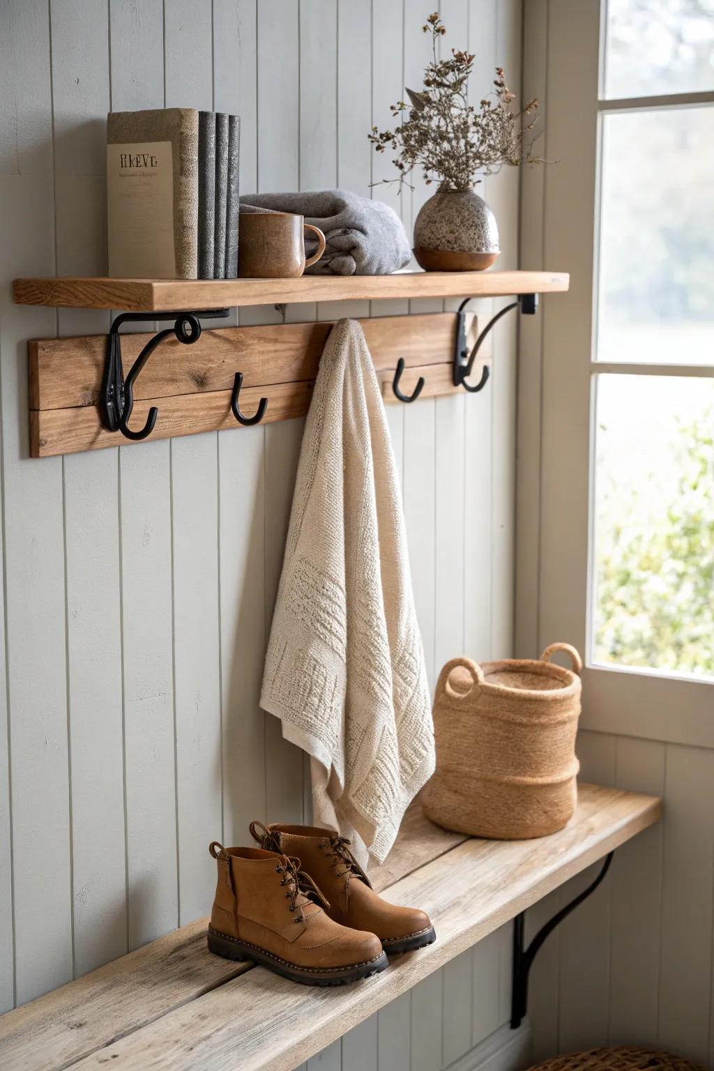 A tiny boot-and-towel drop zone that keeps small cabin bathrooms calm, dry, and clutter-free.