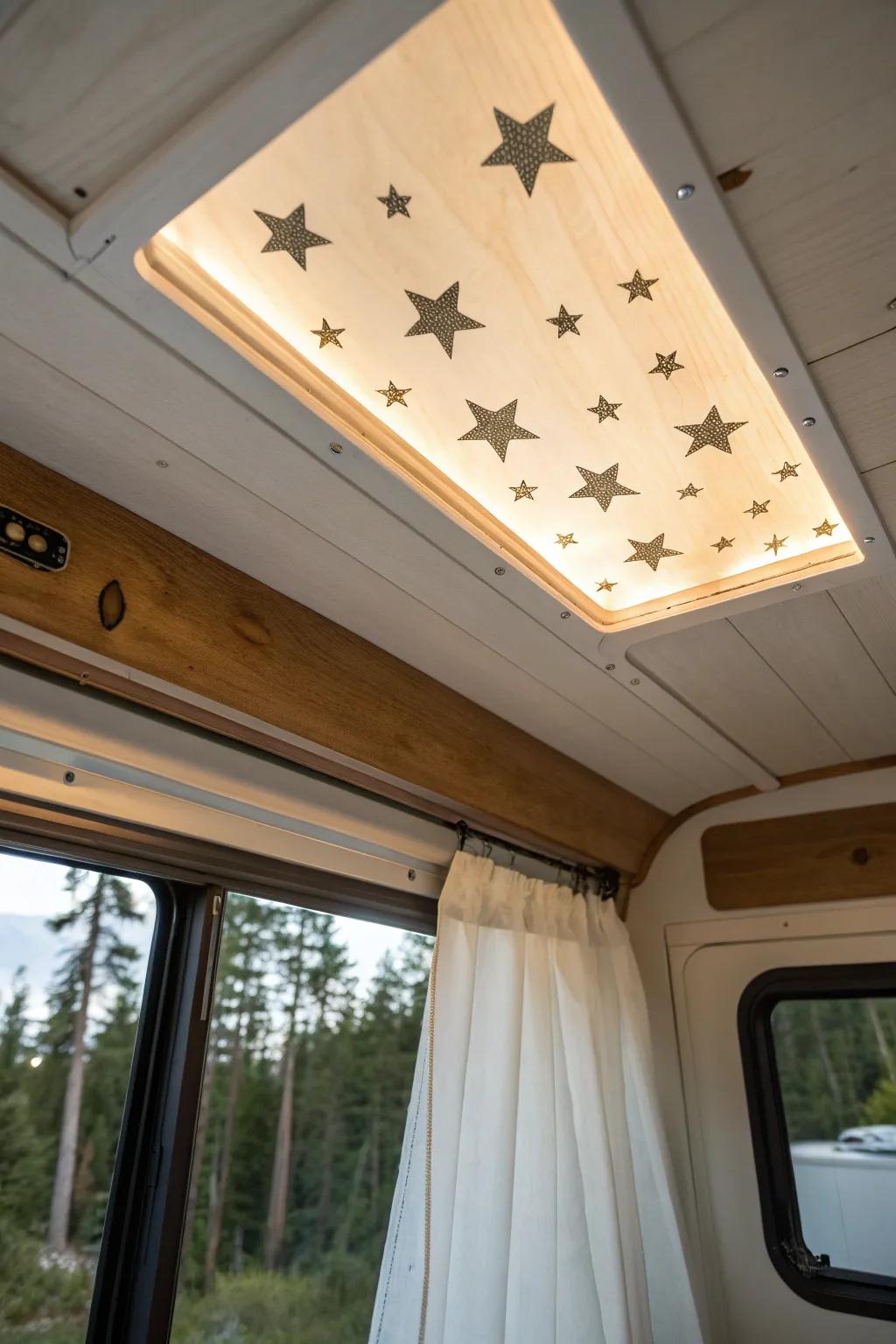 Glow-in-the-dark constellation decals turn a tiny camper ceiling into a cozy night-sky retreat.