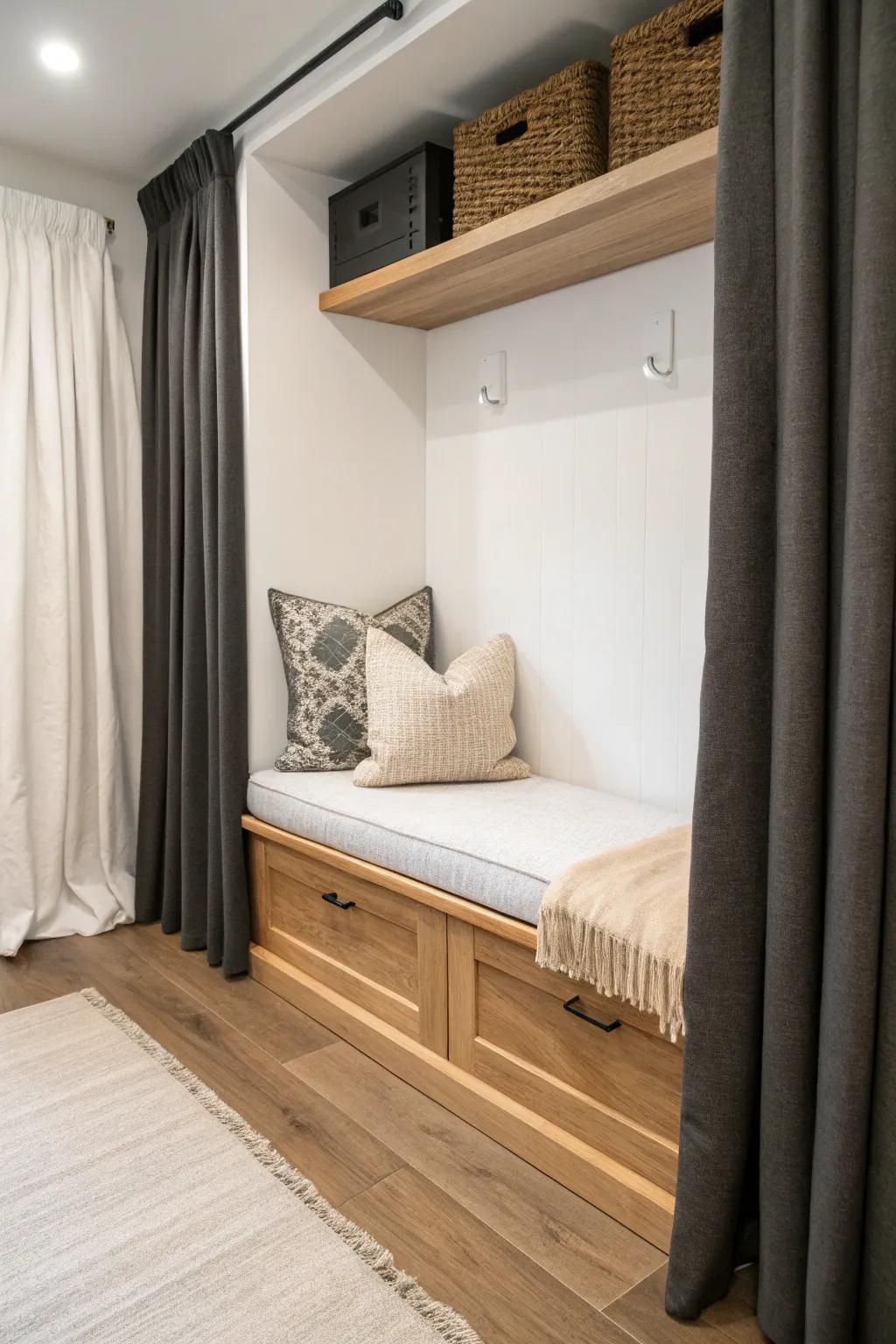 Turn a tiny closet into a projector cocoon—bench seating, blackout curtain, instant movie magic.