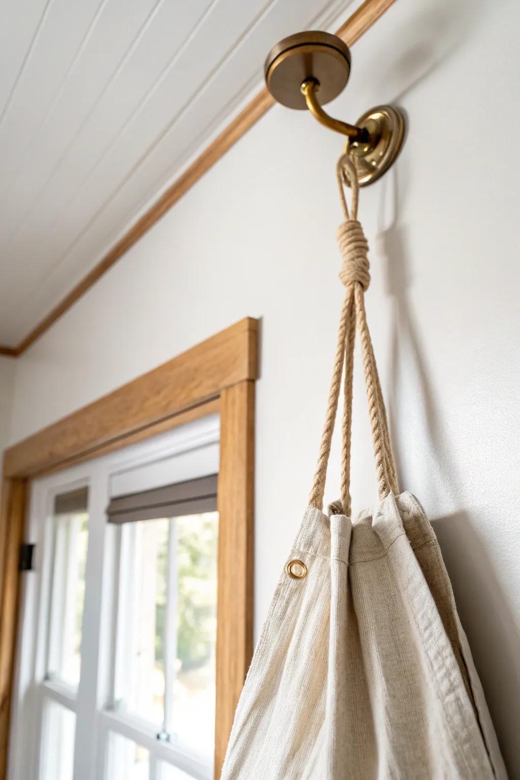 Ceiling-mounted hook magic: hang a lightweight tote up high and keep your tiny entry clutter-free.
