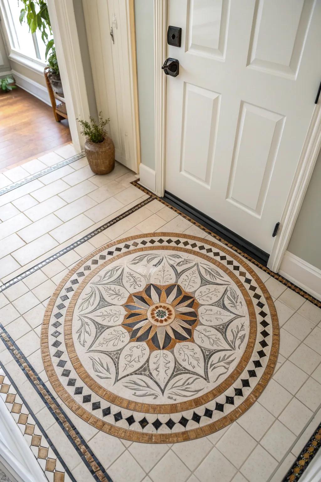 Tiny mosaic medallion “floor jewelry” that turns a small foyer landing into a wow moment.