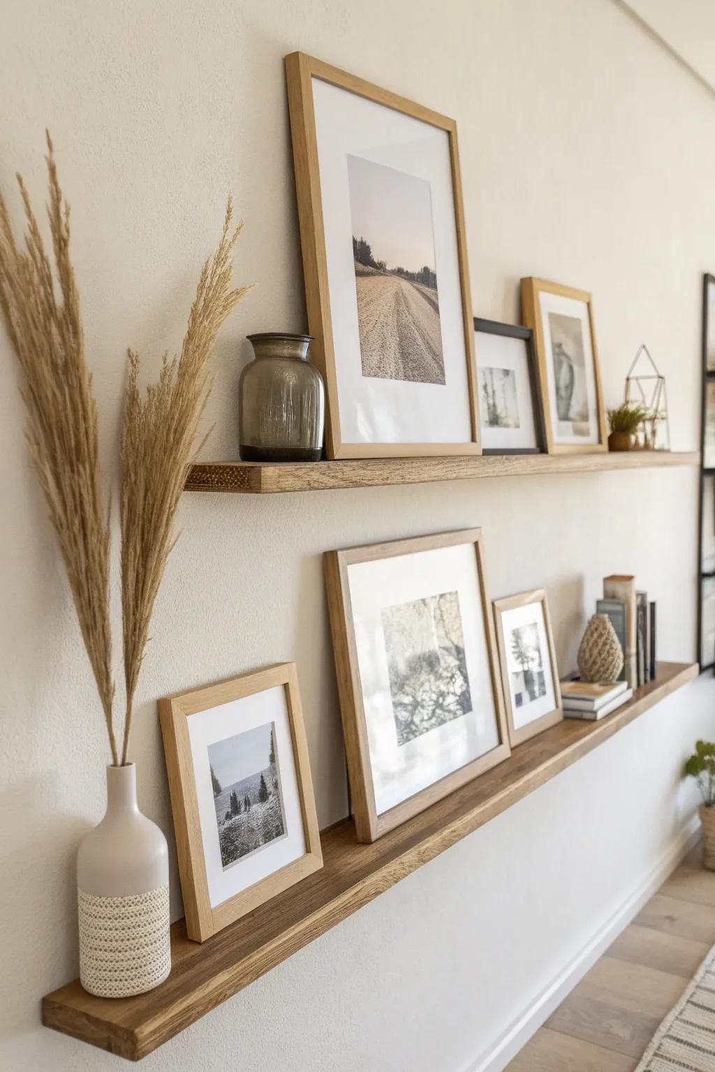 A high-mounted mini picture ledge creates a salon-style art moment—without using any floor space.