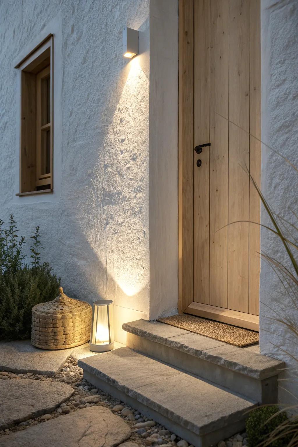 Hidden uplighting turns a tiny front step into a dramatic, high-end entrance at night.