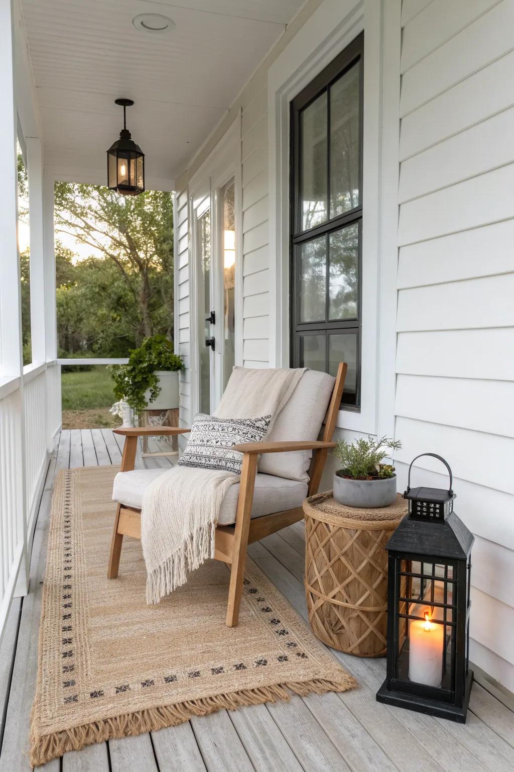 One petite porch chair with layered rugs and a lantern glow—tiny space, full cozy vignette.