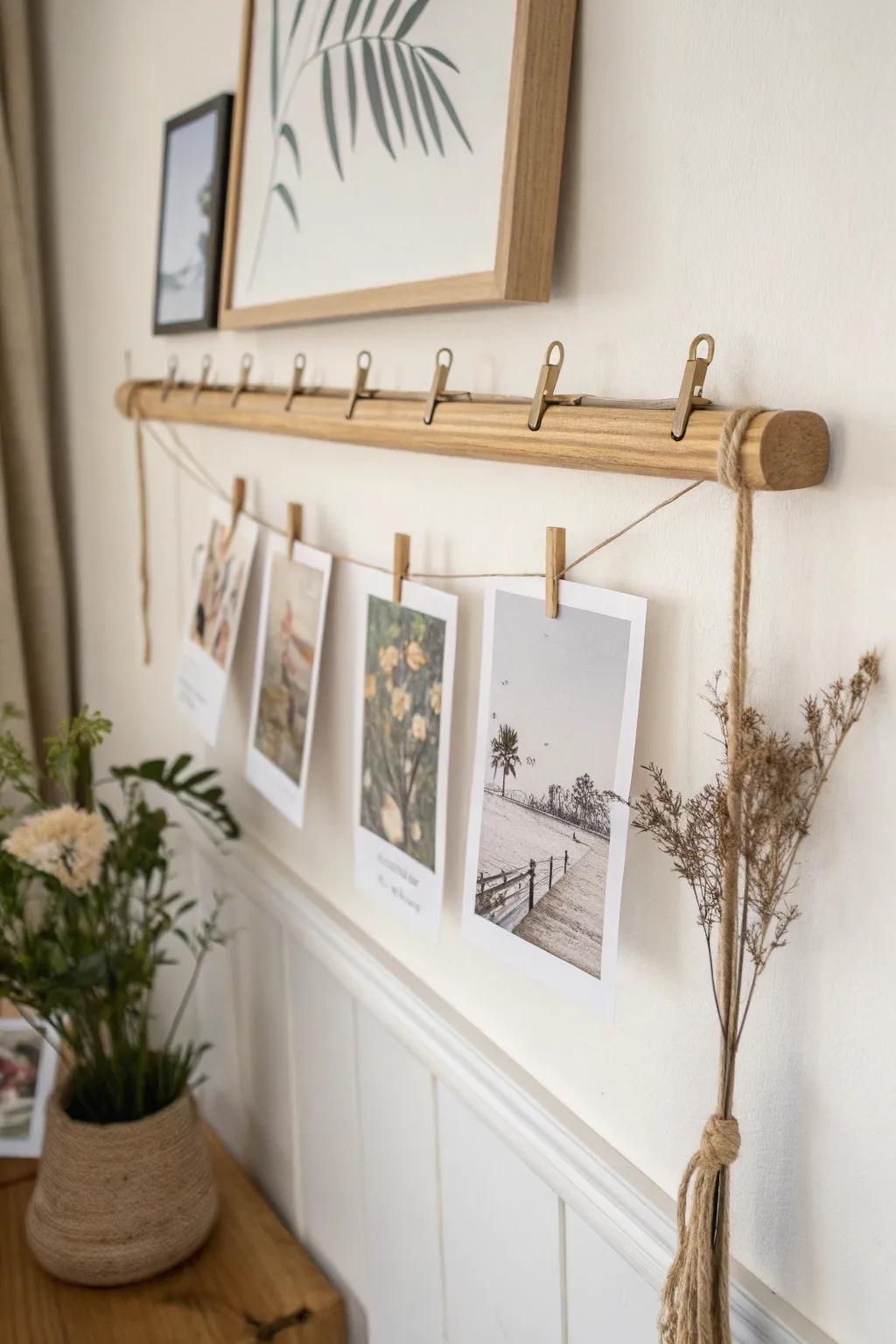 A slim clip rail turns your hallway into a rotating mini art gallery—swap tiny finds anytime.