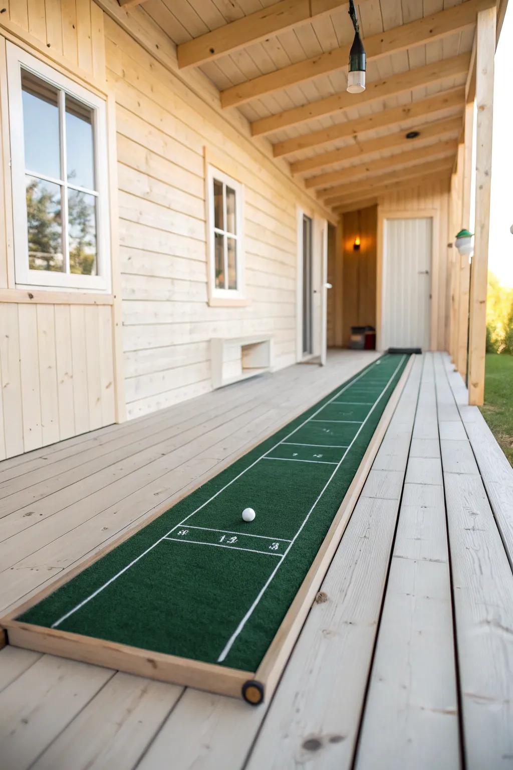 A slim putting lane turns a tiny shed into a calm, organized micro man cave—no clutter.