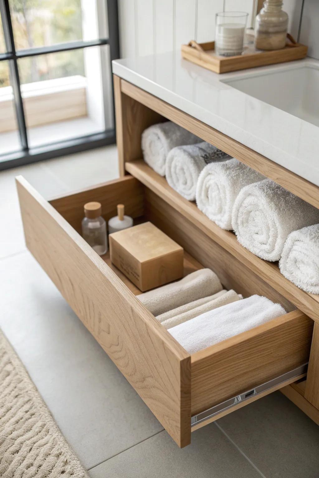 A hidden toe-kick drawer keeps small master bathrooms tidy—perfect for backups and essentials.