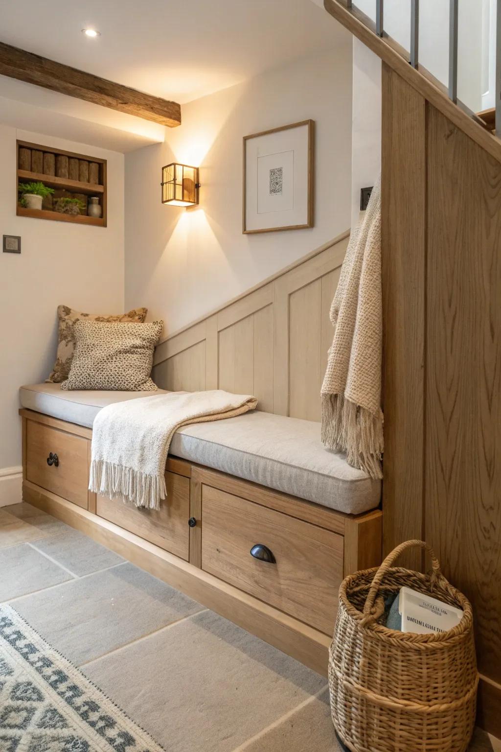 A tunnel-end reading bench with warm sconce glow—small basement, big cozy retreat.