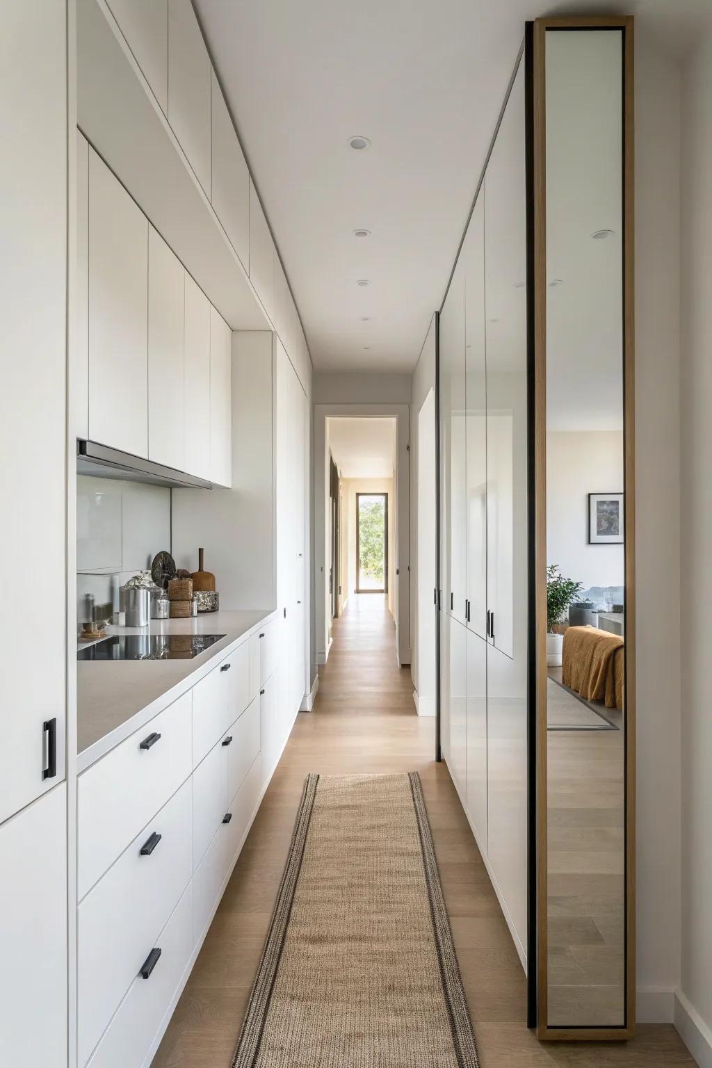 A slim mirror at a galley kitchen’s end doubles the depth—no renovation required.