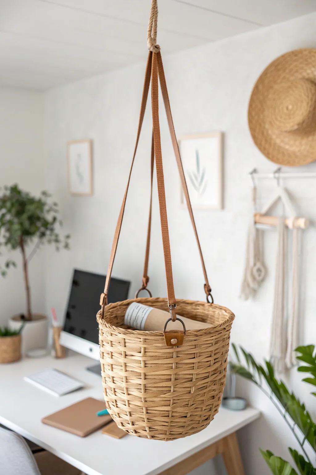 Ceiling-hung basket storage: stash rarely used cables up high and keep shelves clutter-free.