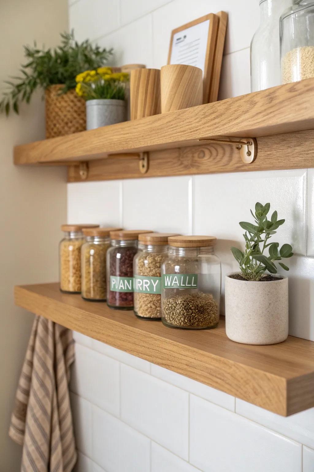 Create a pantry wall with shallow shelves so every jar stays visible, reachable, and beautiful.