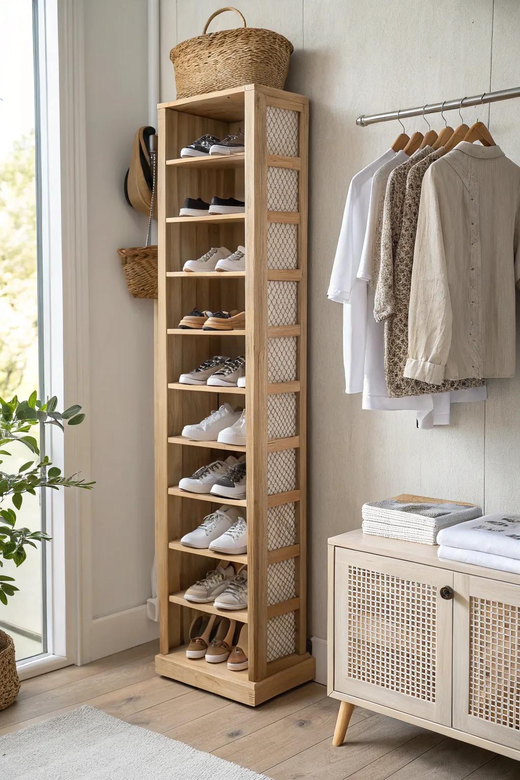 Go up, not out: a slim vertical shoe tower that transforms a tiny reach-in closet.