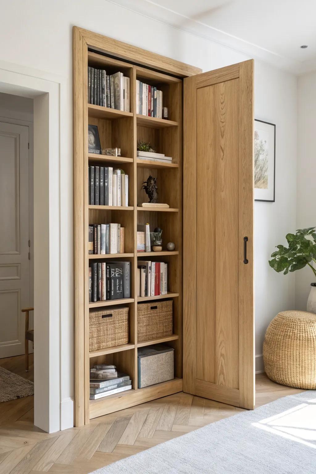 A door that’s also a bookshelf—an elegant divider that adds “another room” in a small space.