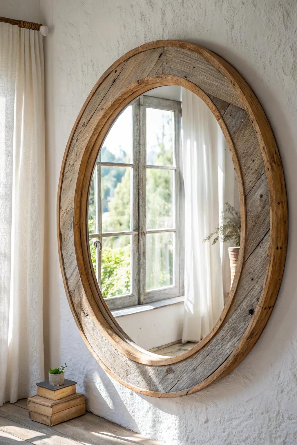 A weathered wood mirror opposite the window—instantly brighter, wider, and warmly rustic.