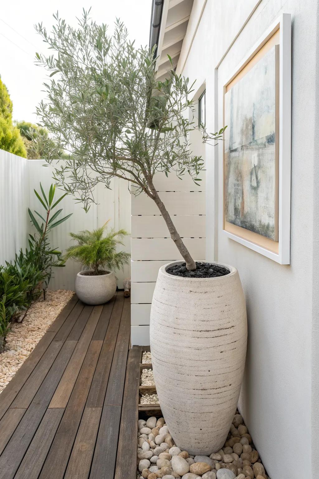 Turn a narrow side yard into a serene gallery walk with one sculptural planter + spotlight.