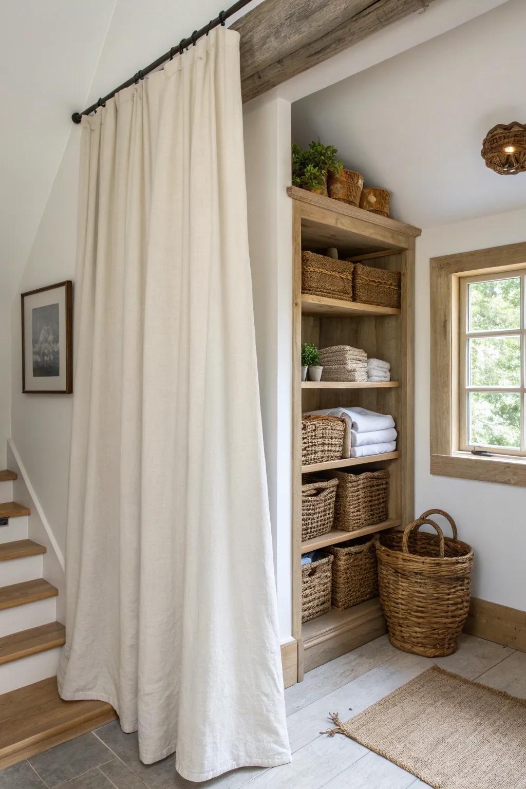 A ceiling-mounted linen curtain creates instant polish—and hides shallow landing storage.