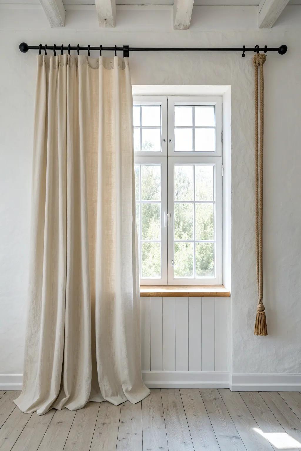 Wide linen curtains on a long rod make a small window look instantly larger—renter-friendly magic.