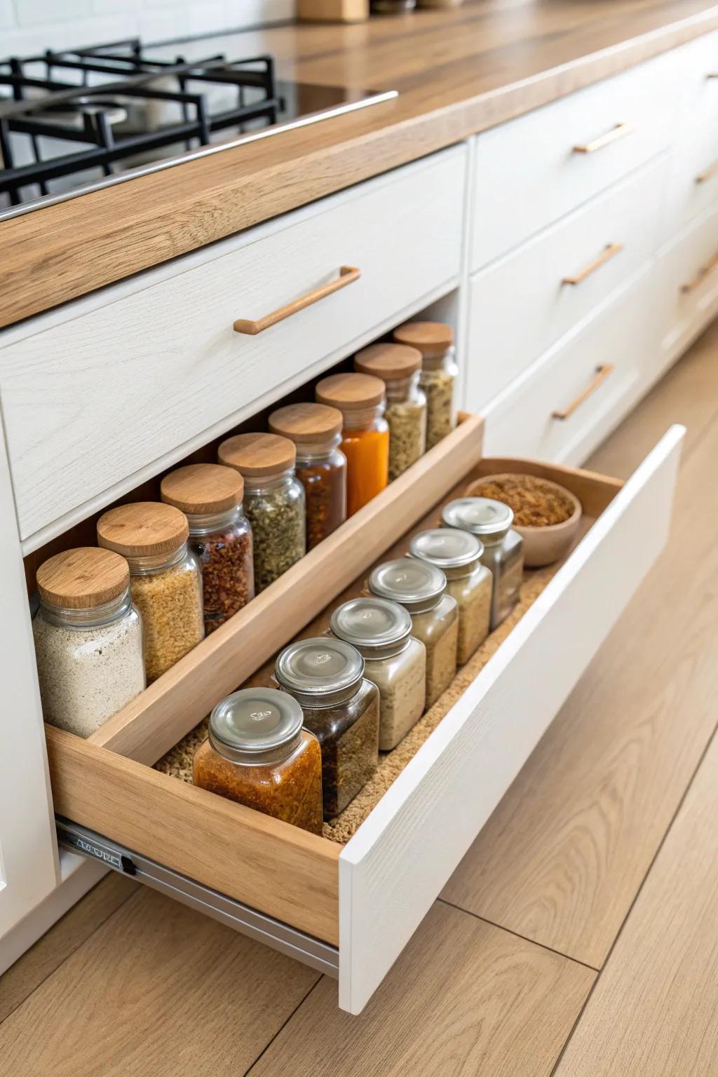 Turn the dead space under cabinets into a sleek toe-kick drawer for spices—small-kitchen magic.