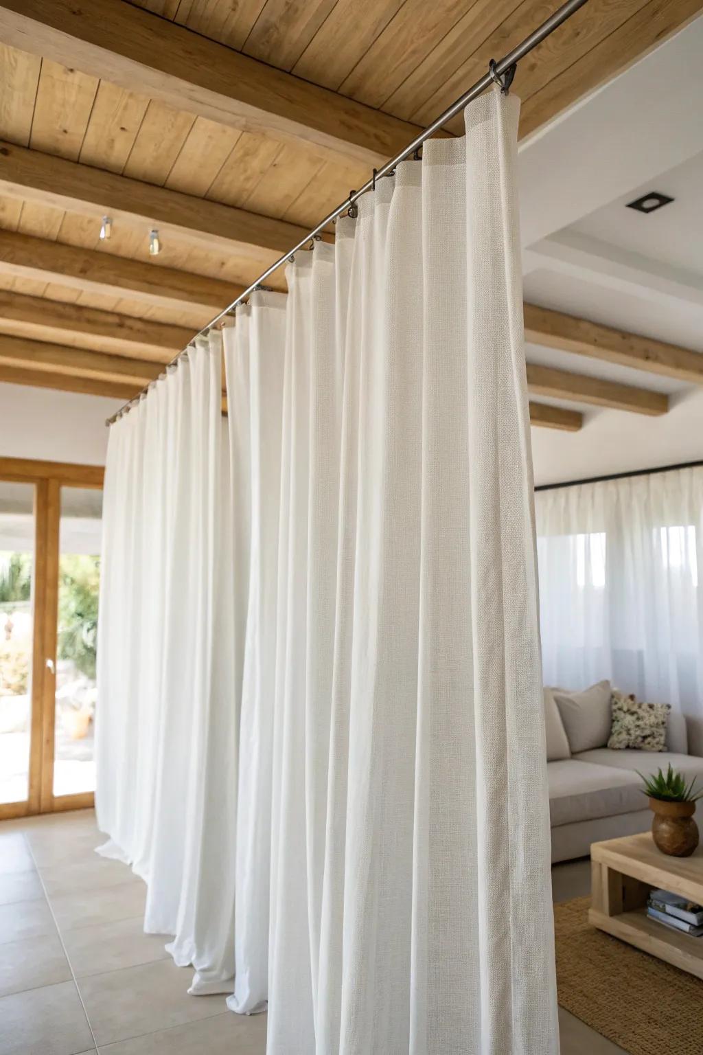 Ceiling-hung linen curtains create a dreamy “room-within-a-room” in a square living room.