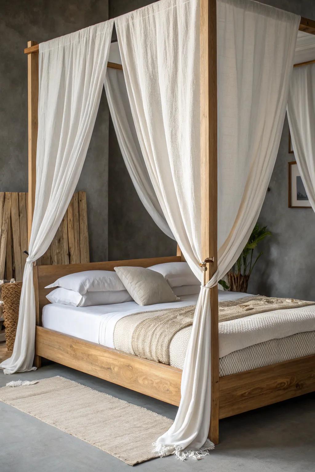 Simple linen canopy + ceiling hook: a studio bed that feels like a private, cozy retreat.