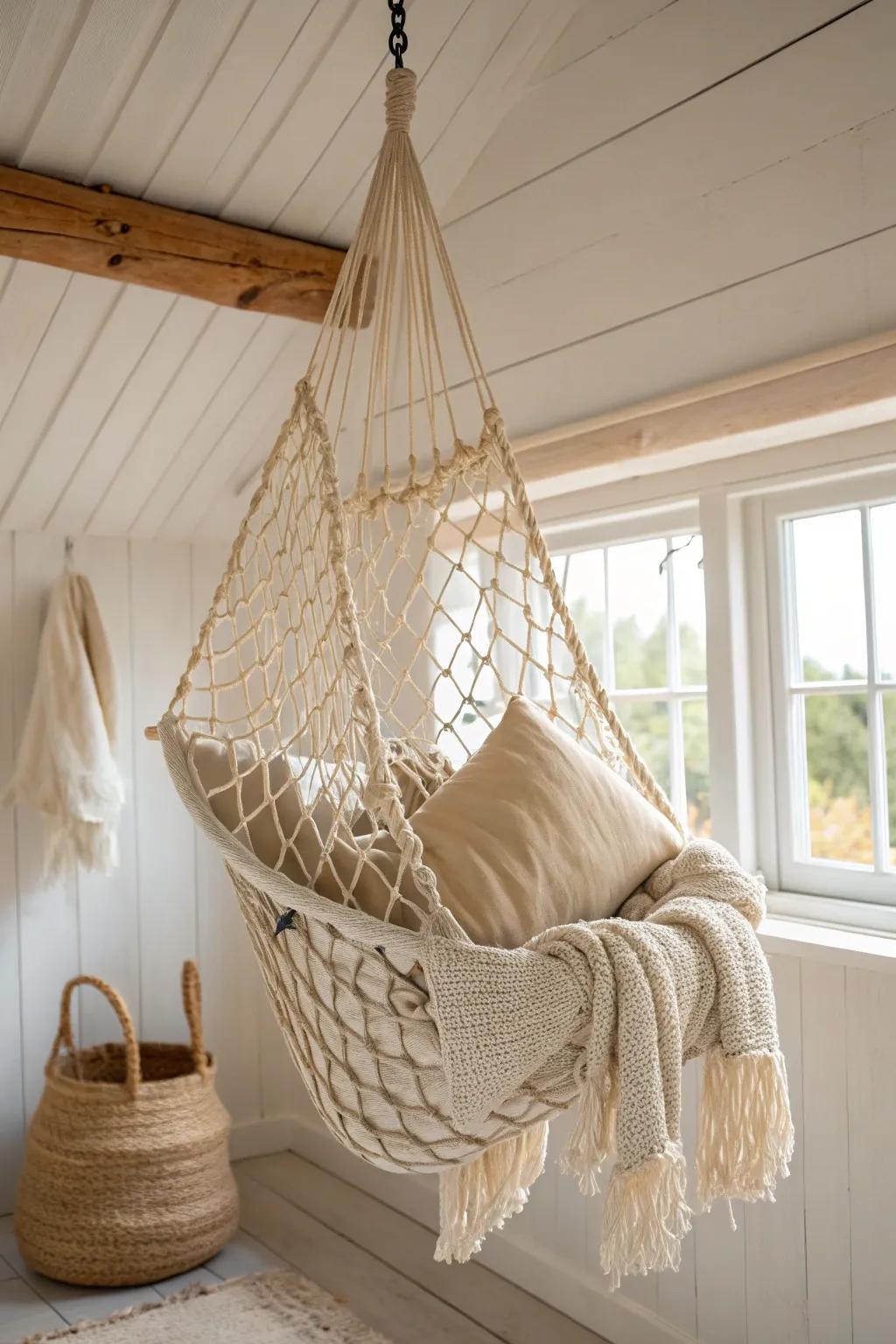 A ceiling storage net turns unused air space into chic storage for pillows and throws.