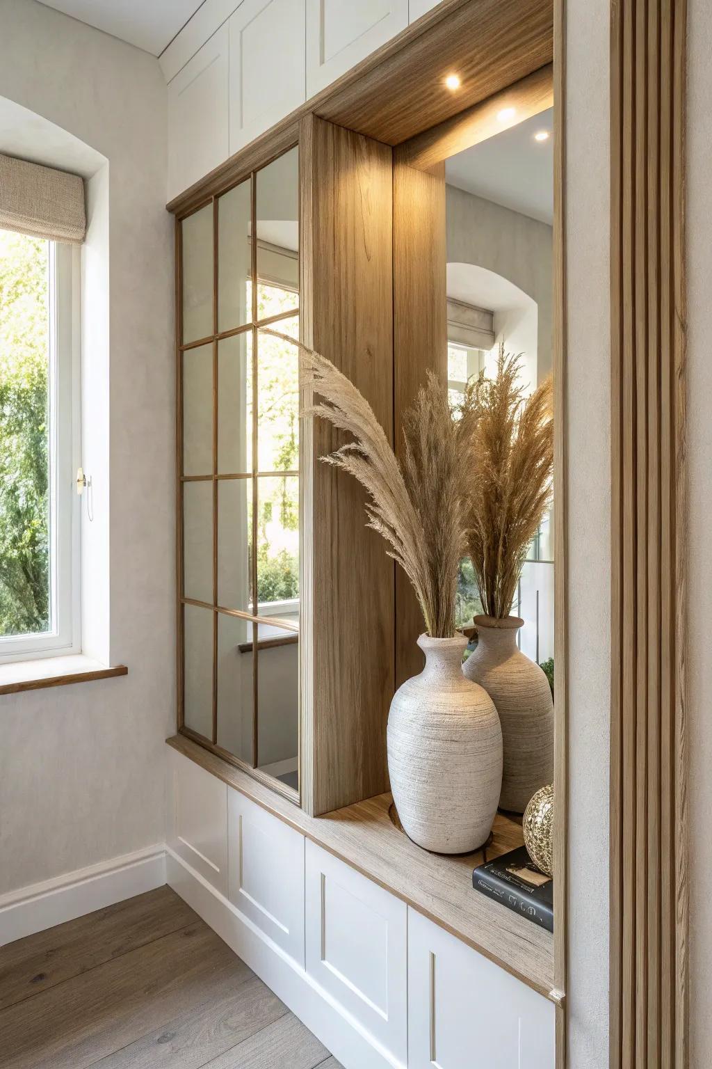 Mirror-panel alcove glow-up that bounces light and makes a tiny room feel instantly deeper.