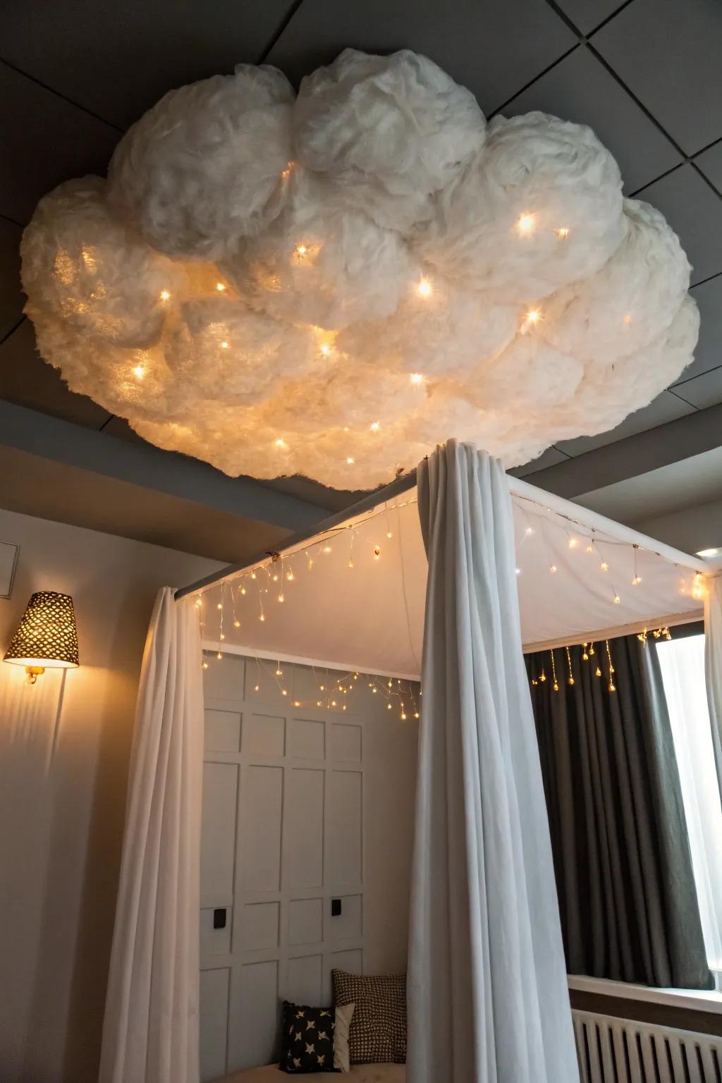 DIY cloud ceiling + warm LEDs for a tiny theater nook that feels taller and cinematic