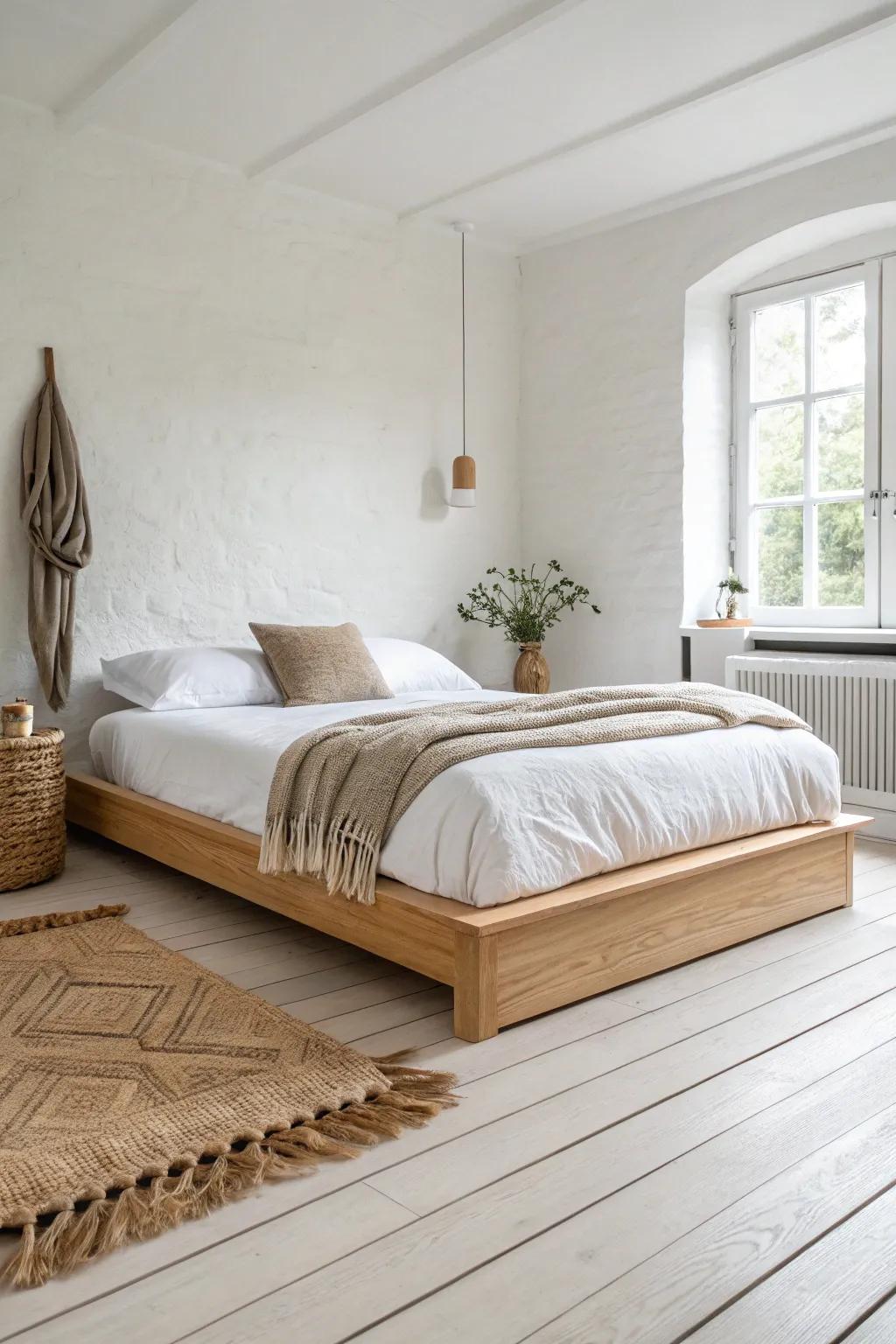 A low platform bed creates a tiny “room within a room” and adds hidden edge storage.