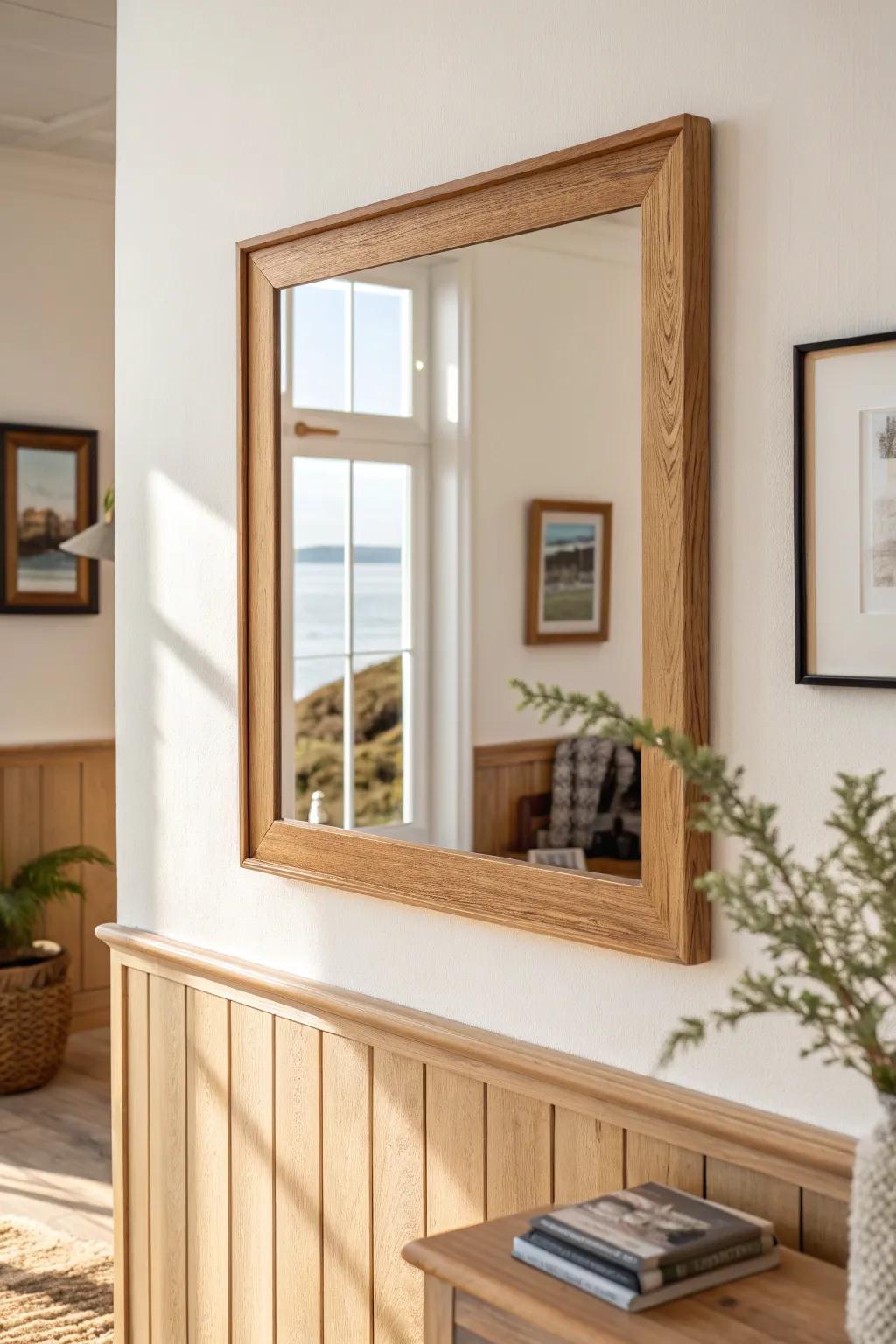 Mirror-inset wall paneling reflects daylight to double brightness and add depth in small spaces.