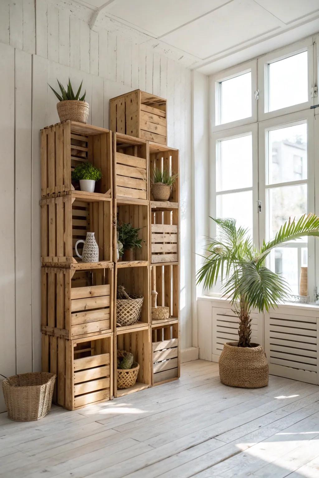 Modular wooden-crate divider: a light-filled wall that stores beautifully and zones a small studio.