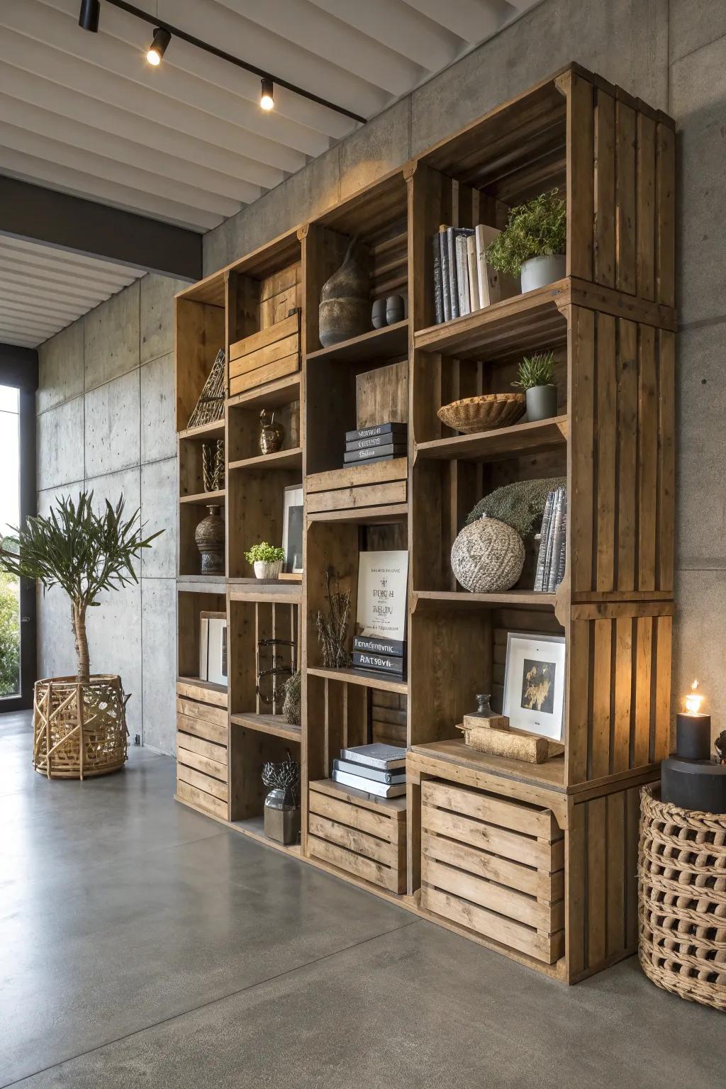 Transform your space with a handcrafted wooden crate partition: the perfect blend of style and function.