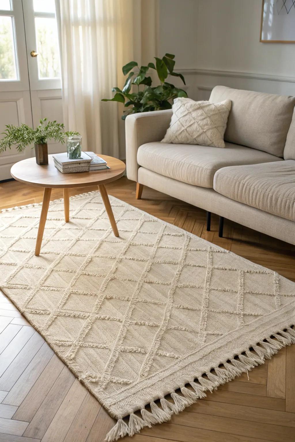 A single oversized rug anchors the living zone—instantly making a small apartment feel bigger.