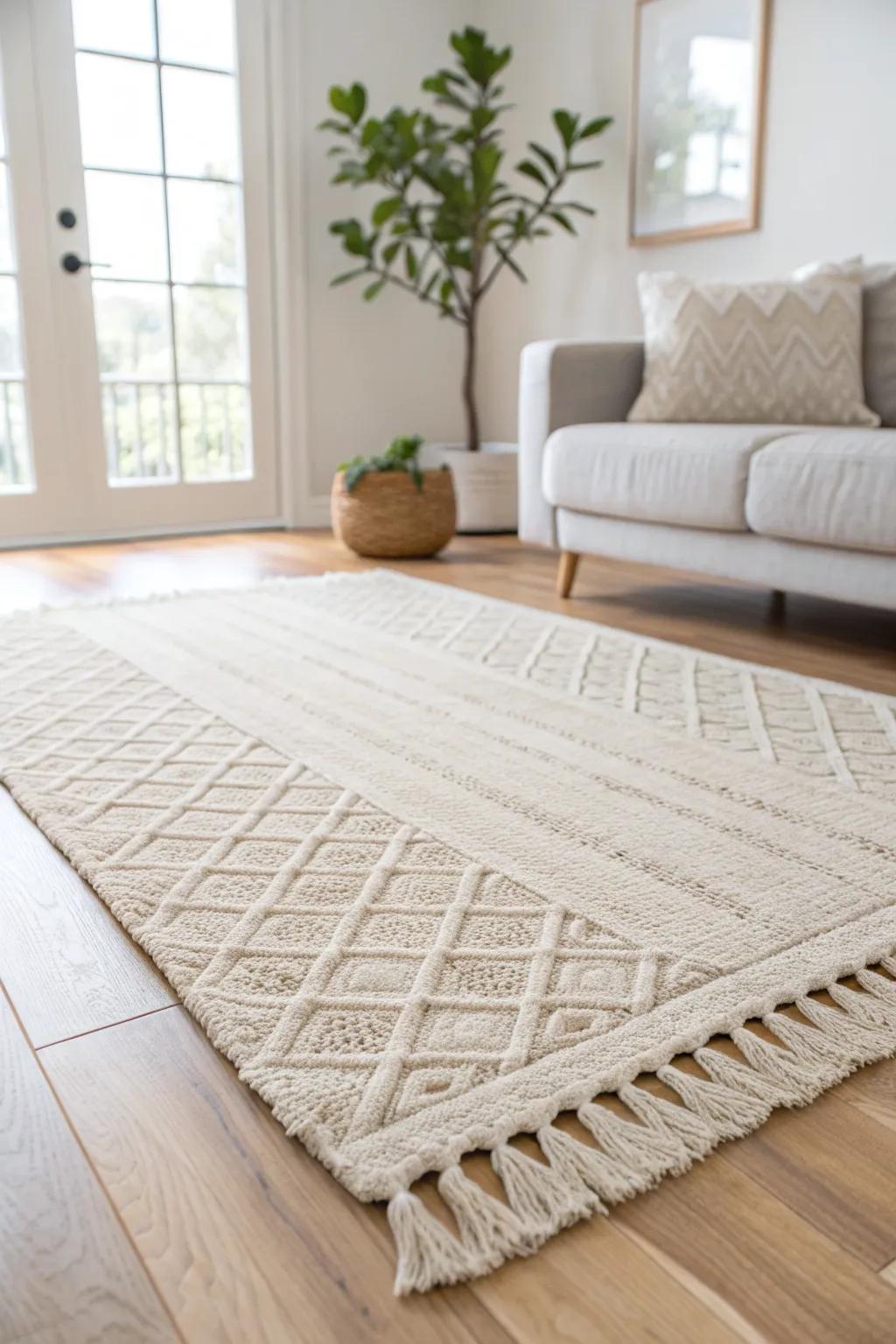 One oversized rug instantly anchors the seating zone and makes a condo feel intentional.
