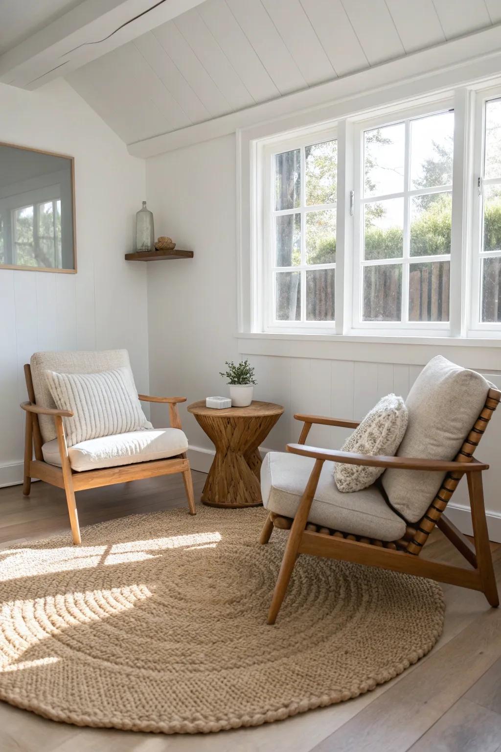 Turn a “nothing corner” into a cozy two-chair nook—let a small rug define the space.