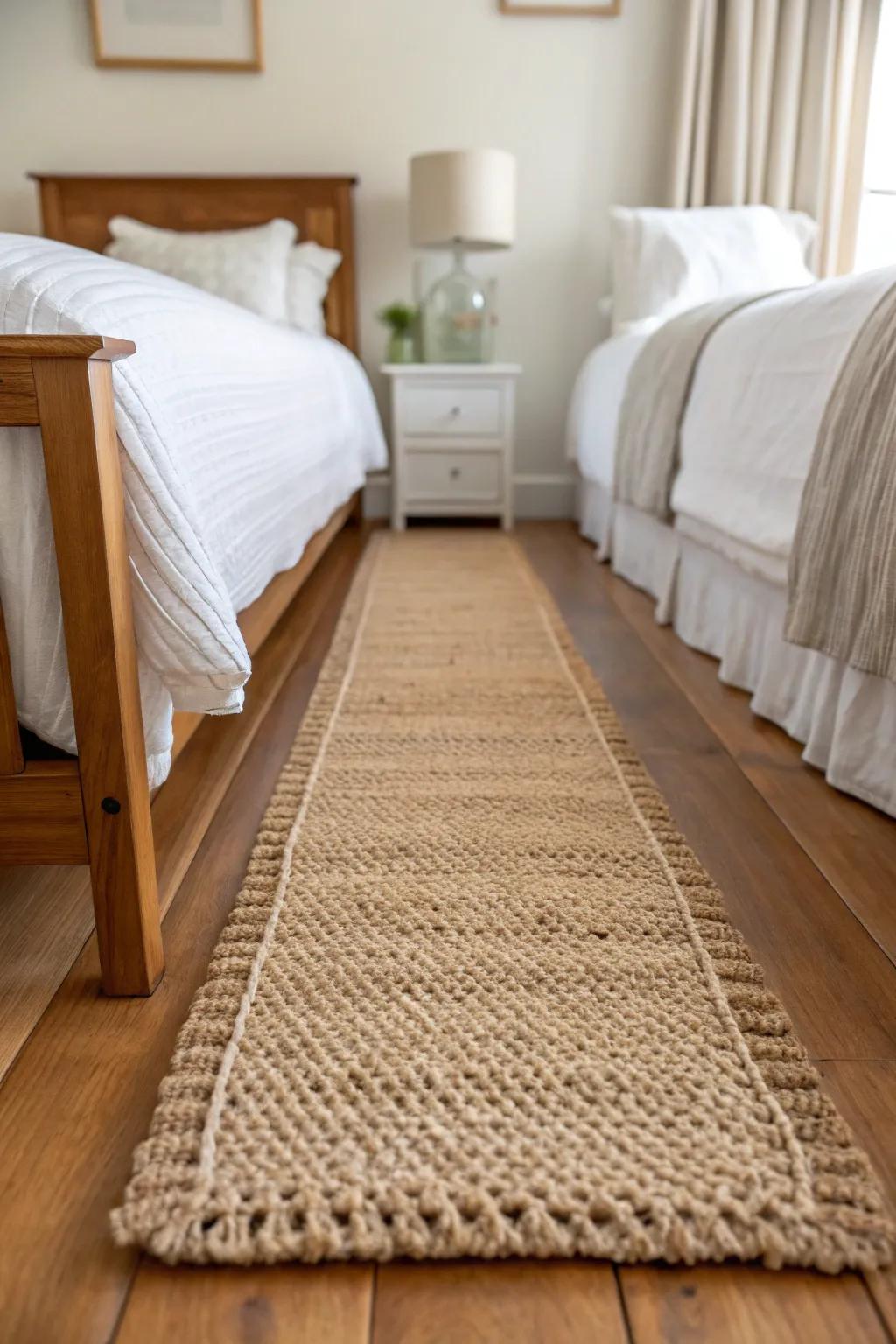 A centered jute runner keeps a clear walkway between two full-size beds—airy and practical.