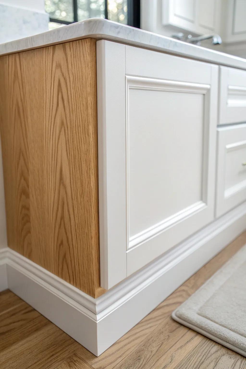 Painted trim molding makes a 5-inch vanity gap look like a custom built-in frame.