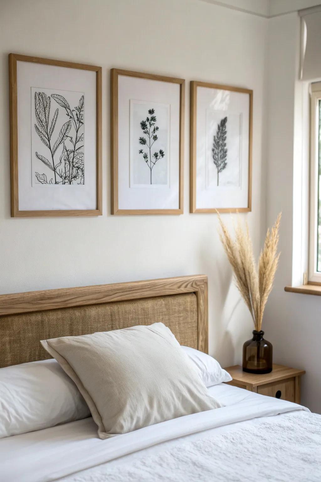 A simple three-frame triptych above the bed adds width and calm, without a giant print.