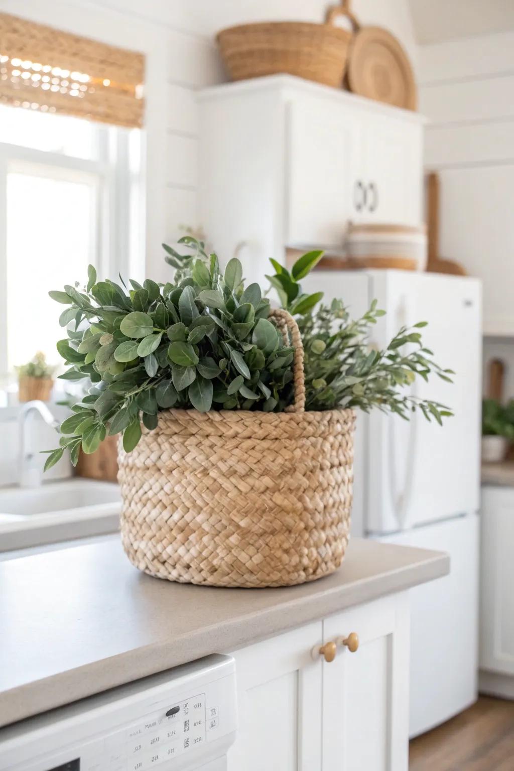A simple faux greenery cluster above the fridge softens sharp lines—no sunlight needed.