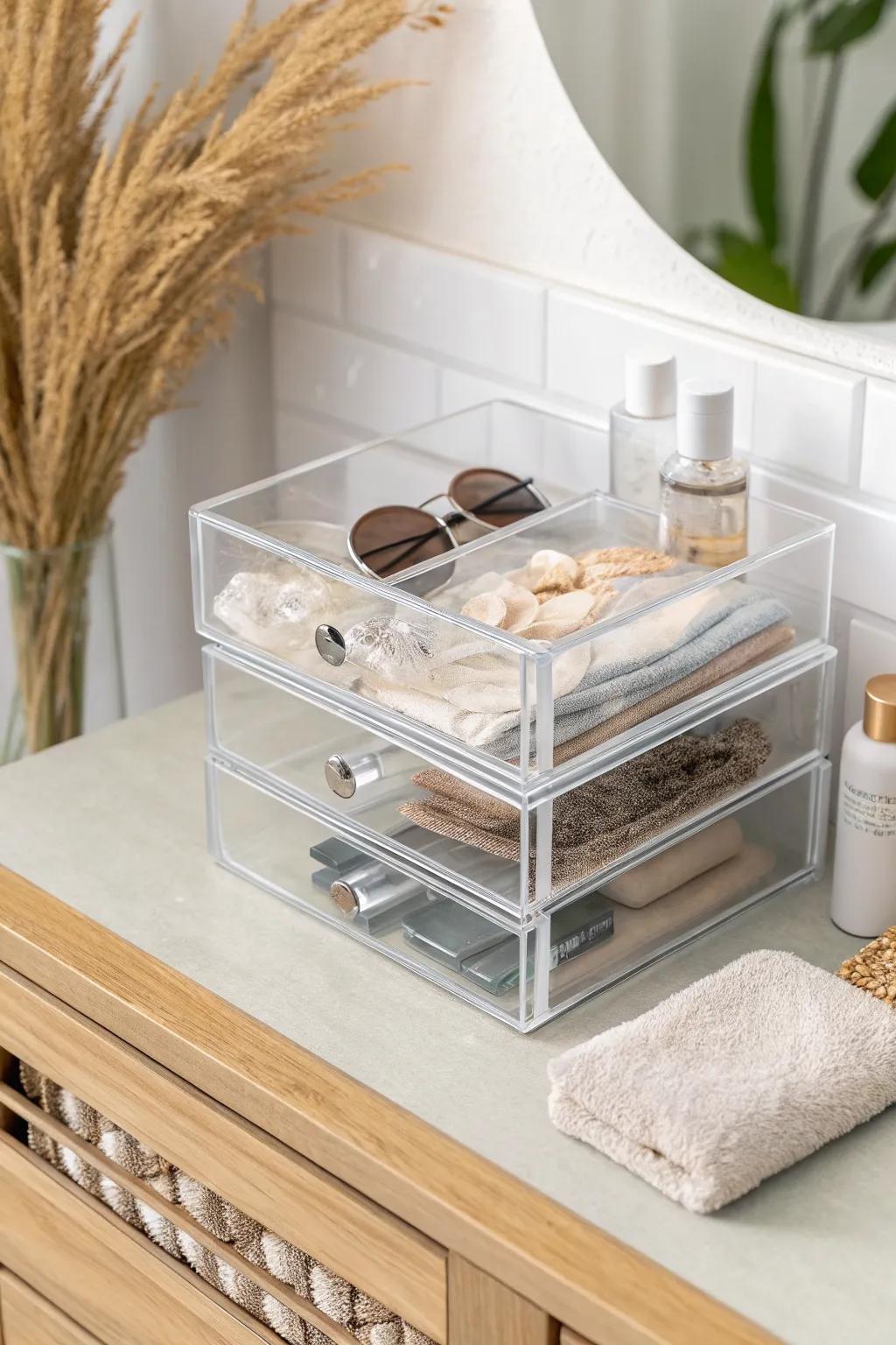 Clear stackable mini drawers keep hair clips & sunnies visible—perfect for small vanities.